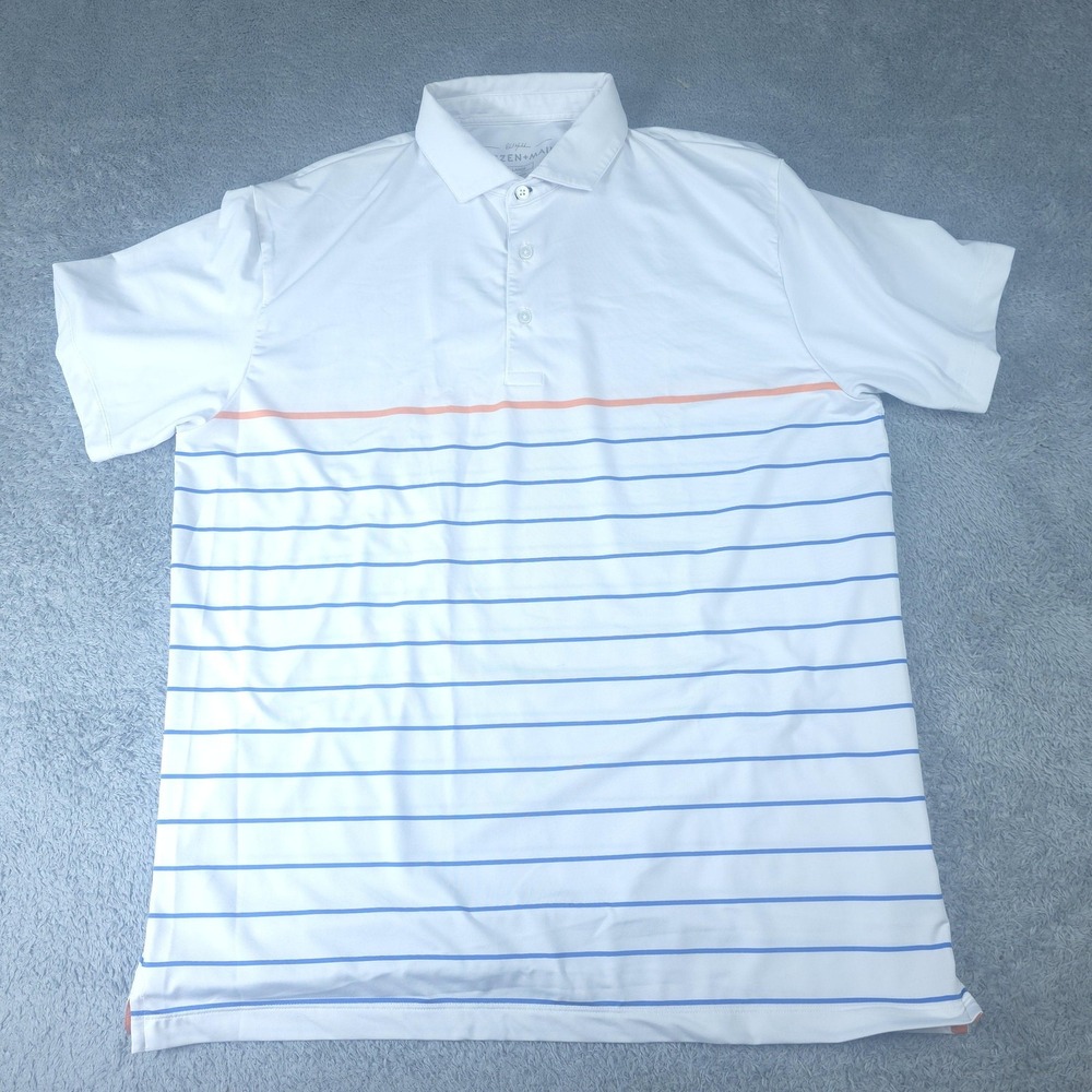Mizzen+Main Polo Shirt Mens XL White Blue Striped Golf Stretch Performance